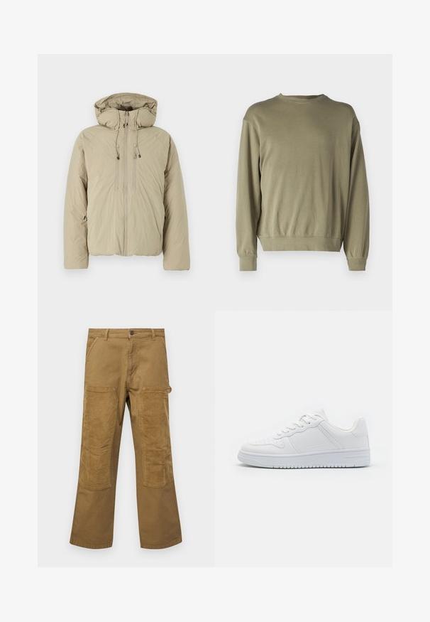 Doudoune beige avec capuche, dotée d'une fermeture éclair à l'avant, de cordons de serrage élastiques et de poches latérales. Construite en tissu léger et texturé.; Sweatshirt olive green à manches longues en coton mélangé doux. Dispose d'un col rond et de poignets côtelés avec une coupe décontractée.; Pantalons cargo en coton marron avec des patchs en tissu côtelé contrastant, coupe droite, cinq poches et une fermeture à bouton.; Baskets blanches en matière synthétique lisse, avec des lacets plats, une pointe perforée et une semelle en caoutchouc dotée d'un motif de grip texturé.