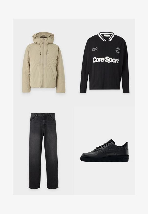 Doudoune beige avec capuche, dotée d'une fermeture éclair à l'avant, de cordons de serrage élastiques et de poches latérales. Construite en tissu léger et texturé.; T-shirt de sport noir à manches longues avec col rayé blanc, texte ""Core Sport"" à l'avant, et petites pièces sur la zone de la poitrine.; Jeans en denim gris foncé avec un design à jambe droite, dotés d'une fermeture éclair, de cinq poches et de légères décolorations sur le tissu.; Baskets Nike Air Force 1 noires avec un dessus en cuir lisse, bout perforé pour la respirabilité, lacets noirs et semelle en caoutchouc texturé.