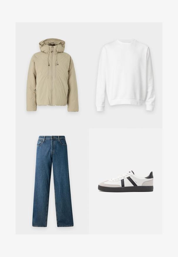 Beige Steppjacke mit Kapuze, ausgestattet mit einem Frontreißverschluss, elastischen Kordeln und Seitentaschen. Hergestellt aus leichtem, strukturiertem Stoff.; Weißes Crewneck-Sweatshirt aus weichem Baumwollstoff. Lange Ärmel, gerippte Bündchen und Saum, glatte Textur und minimalistisches Design.; Dunkelblaue Jeans aus Denim mit einem lässigen Schnitt, geraden Beinen, fünf Taschen und kontrastierenden Nähten. Verfügt über einen Frontknopf und einen Reißverschluss.; Weiße Sneaker mit schwarz- und grau-aczenten, ausgestattet mit einer strukturierten grauen Zehenkappe, schwarzer Gummi-Sohle und flachen weißen Schnürsenkeln. Sauberes Design, minimalistische Stil.