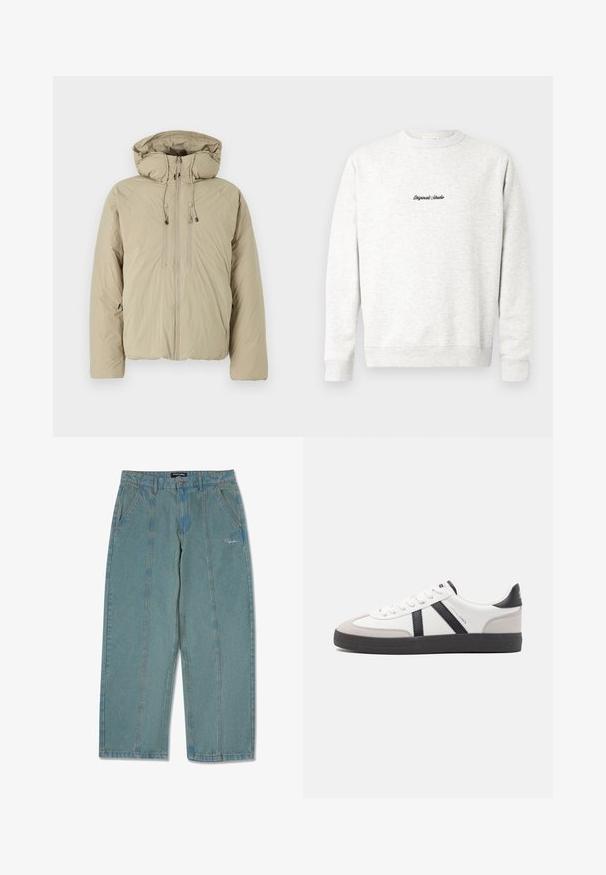 Beige donsjack met een capuchon, voorzien van een voorrits, elastische trekkoorden en zijzakken. Gemaakt van lichtgewicht, gestructureerde stof.; Lichtgrijze crewneck sweatshirt gemaakt van zachte stof, met een klein zwart 'Originals Studio' logo op de voorkant en geribde manchetten.; Lichtblauwe, niet-verweerde denim broek met een recht model, voorzien van voorzakken en een subtiele geborduurde logo nabij de taille.; Witte sneaker met zwarte en grijze accenten, voorzien van een grijze neus met textuur, zwarte rubberen zool en platte witte veters. Schoon ontwerp, minimalistische stijl.