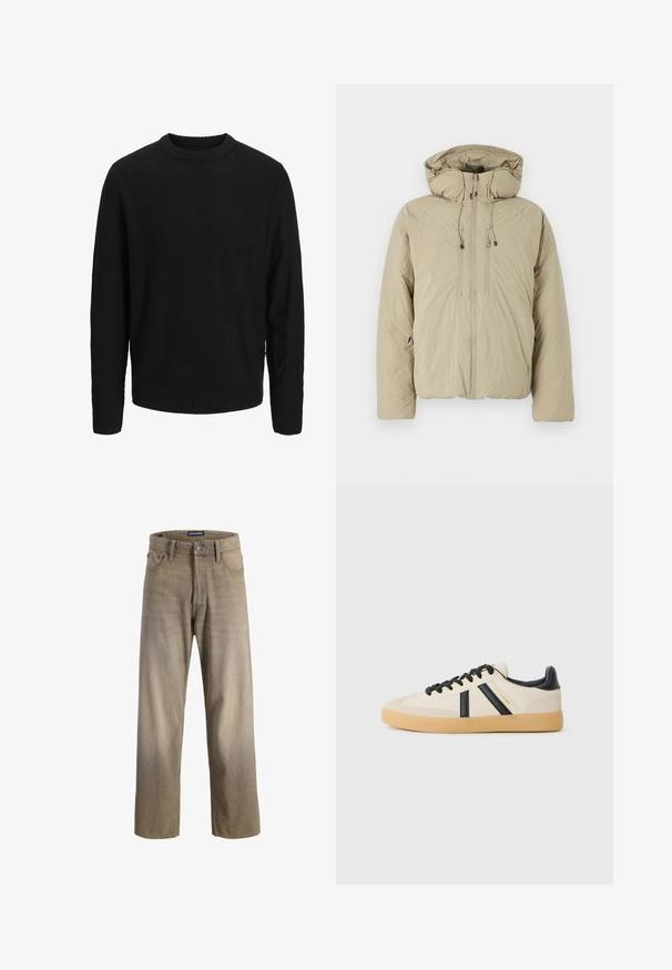 Beige pufferjakke med hætte, udstyret med en frontlynlås, elastiske snore og sidelommer. Konstrueret af letvægts, struktureret stof.; Sort langærmet strikket sweater med rund halsudskæring, ribstrikkede manchetter og kant, vist på en ensartet lys grå baggrund.; Lysebrune denimjeans med et lige ben-design, der har fem lommer og knaplukning. Blød tekstur med subtile gradient-effekter.; Casual sneakers i creme med sorte striber, med en tekstureret overdel og sål i gummigummi. Snørebåndene er sorte. Diskret logo på siden.