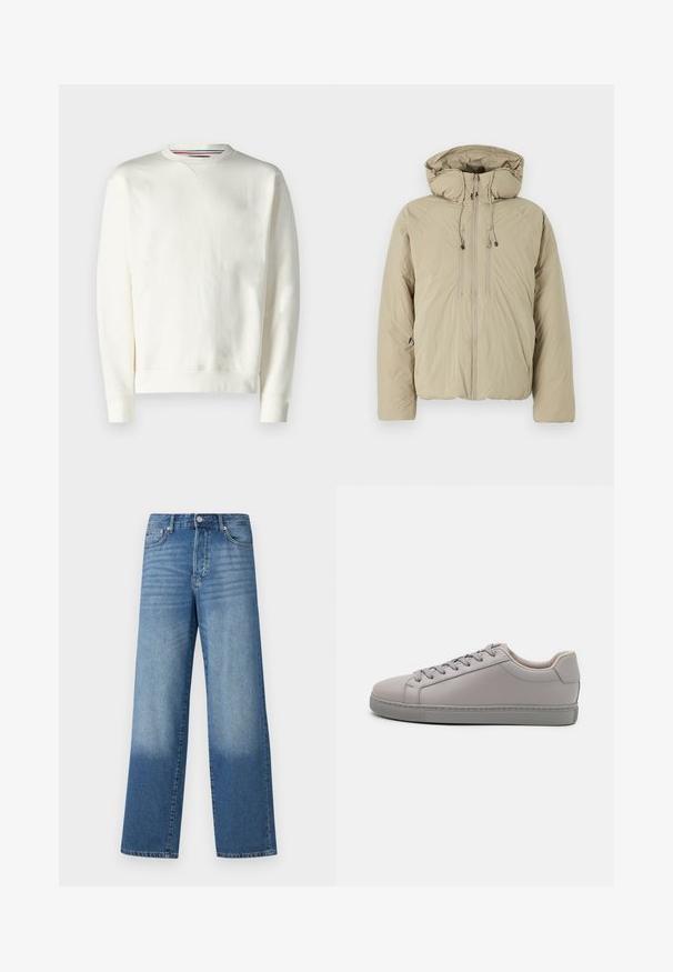 Doudoune beige avec capuche, dotée d'une fermeture éclair à l'avant, de cordons de serrage élastiques et de poches latérales. Construite en tissu léger et texturé.; Sweat-shirt blanc avec un col rond, des poignets côtelés et un léger détail de logo. Matière douce avec une texture lisse et un design minimaliste.; Jean droit taille haute bleu avec des dégradés au niveau des cuisses et une teinte plus foncée près des ourlets, avec un bouton avant et des poches visibles.; Baskets en cuir gris avec une finition lisse, lacets plats, bout arrondi et semelle en caoutchouc gris contrastante. Design et texture minimalistes.