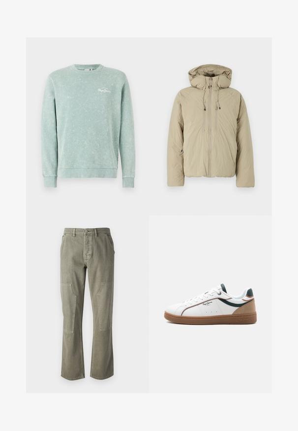 Beige pufferjakke med hætte, udstyret med en frontlynlås, elastiske snore og sidelommer. Konstrueret af letvægts, struktureret stof.; Lysegrøn sweatshirt lavet af blødt stof, med rund hals, lange ærmer, ribbede manchetter og et lille hvidt logo på brystet.; Olivenfarvede bukser lavet af bomuld med lige ben-design, der har ribbede detaljer på påsatte lommer og kontrasterende syninger.; Hvid lavtop sneaker med brun sål, grønne og beige accenter, hvide snørebånd og "Pepe Jeans London"-logo på siden.