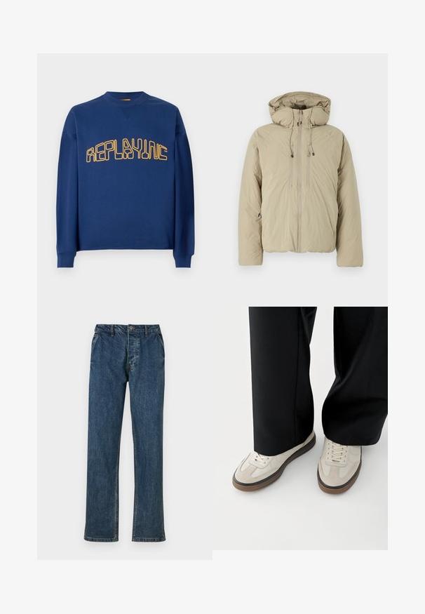 Beige donsjack met een capuchon, voorzien van een voorrits, elastische trekkoorden en zijzakken. Gemaakt van lichtgewicht, gestructureerde stof.; Marineblauwe crewneck sweatshirt met lange mouwen en geel gestileerde tekst "REPLAYINC" over de borst.; Blauwe denim jeans met een rechte broekspijpen, vijf zakken ontwerp en een knoopsluiting. De stof heeft een subtiele textuur met vervaagde accenten.; Voeten met beige sneakers met bruine zolen en zwarte wijde broekspijpen op een witte achtergrond.