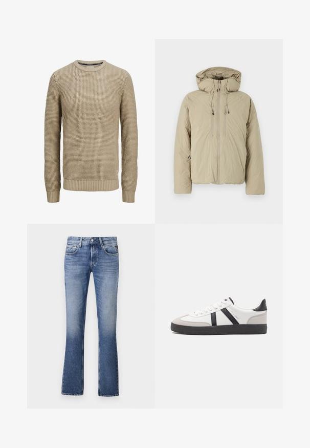 Beige pufferjakke med hætte, udstyret med en frontlynlås, elastiske snore og sidelommer. Konstrueret af letvægts, struktureret stof.; Beige langærmet strikket sweater med tekstureret vaffelmønster, rund halsudskæring samt ribstrikkede manchetter og kant.; Lyseblå denimjeans med en udvidet ben-design, der har fem lommer, en knaplukning foran og diskret falmning overalt.; Hvide sneakers med sorte og grå detaljer, med en tekstureret grå tåhætte, sort gummisål og flade hvide snørebånd. Rent design, minimalistisk stil.