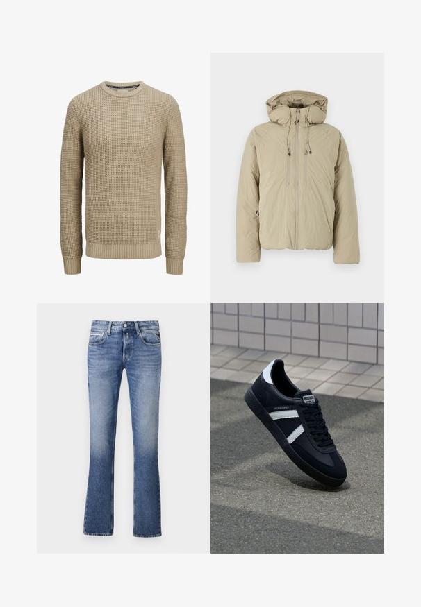 Beige pufferjakke med hætte, udstyret med en frontlynlås, elastiske snore og sidelommer. Konstrueret af letvægts, struktureret stof.; Beige langærmet strikket sweater med tekstureret vaffelmønster, rund halsudskæring samt ribstrikkede manchetter og kant.; Lyseblå denimjeans med en udvidet ben-design, der har fem lommer, en knaplukning foran og diskret falmning overalt.; Sort lædersneaker med hvide striber, tekstureret gummisål og snørrebånd foran. Har et brandet mærke på tungen.