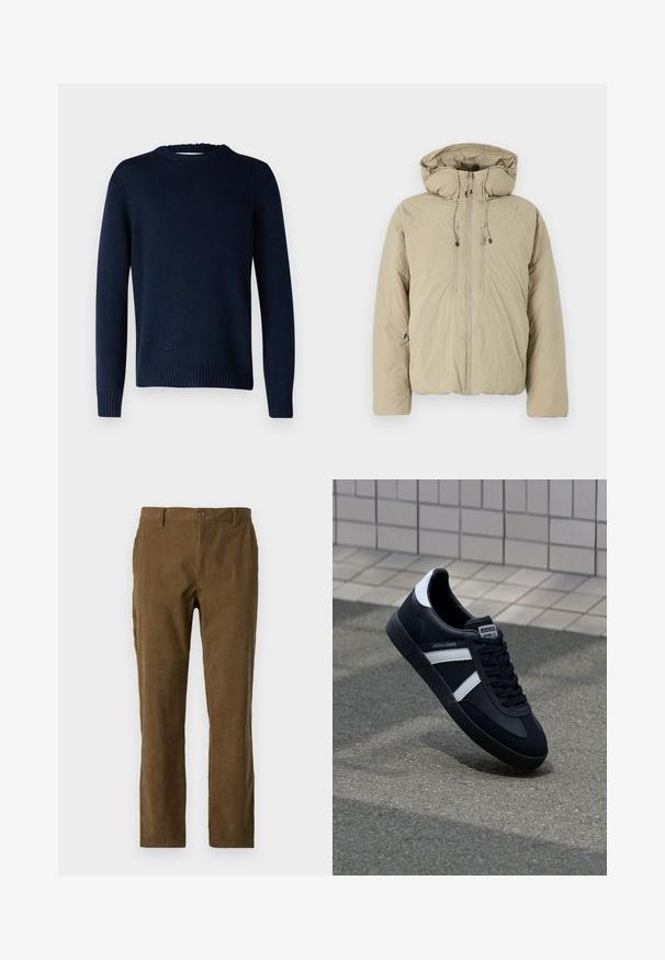 Beige donsjack met een capuchon, voorzien van een voorrits, elastische trekkoorden en zijzakken. Gemaakt van lichtgewicht, gestructureerde stof.; Selected SLMCODY LS KNIT CREW NECK NOOS - Trui - sky captain; Bruine corduroy broek met rechte snit, voorzien van verticale ribbels, een knoopsluiting aan de voorkant en zijzakken voor extra functionaliteit.; Zwarte leren sneaker met witte strepen, een gestructureerde rubberen zool en vetersluiting aan de voorkant. Voorzien van een merklabel op de tong.