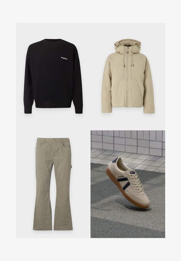 Beige puffer jakk, millel on kapuuts, ees lukuga, elastsete tõmblukkude ja küljetaskutega. Valmistatud kerge tekstuuriga kangast.; Replay Inc. Pusa - black; Khaki flared püksid, mis on valmistatud puuvillast. Omavad ees- ja küljetaskuid, õmblusdetailingut ning siledat tekstuuri.; Bežist sneaker, millel on tekstureeritud viimistlus, tumesinised triibud ja kummi tald. Omab pehmendustega keelt ja traditsioonilist nööpimissüsteemi kindla istuvuse tagamiseks.