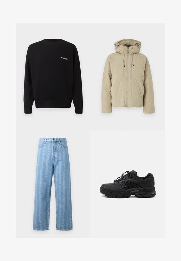 Beige donsjack met een capuchon, voorzien van een voorrits, elastische trekkoorden en zijzakken. Gemaakt van lichtgewicht, gestructureerde stof.; Replay Inc. Sweater - black; Lichtblauwe denim jeans met een wijd uitlopende pasvorm, voorzien van een herhalend kettingpatroon. Klassieke vijf-pocketstijl en metalen knoopdetail.; Zwarte atletische sneaker met textuurstof, dikke gevoerde zool, luchtopeningen en vetersluiting, vanaf de zijkant weergegeven tegen een lichte achtergrond.