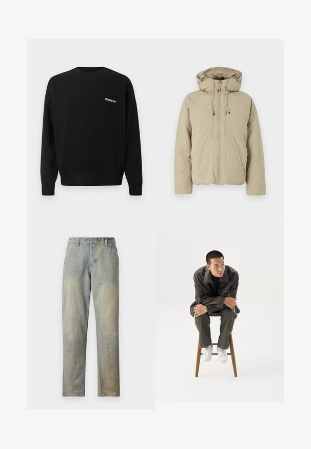 Beige puffer-takki hupulla, jossa on etuvetoketju, joustavat kiristysnyörit ja sivutaskut. Valmistettu kevyestä, teksturoituneesta kankaasta.; Replay Inc. Collegepaita - black; Vaaleansiniset farkut suoranlahkeisella leikkauksella, joissa on nappi- ja vetoketjukiinnitys, lievää kulutusta ja ei näkyviä koristeita.; Nuori mies tummassa nahkatakissa ja farkuissa istuu puisella jakkaralla, nojaa eteenpäin käsivarret ristissä ja katsoo sivulle valkoista taustaa vasten.