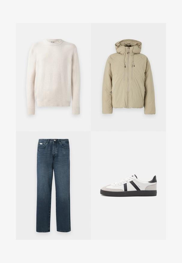 Beige pufferjakke med hætte, udstyret med en frontlynlås, elastiske snore og sidelommer. Konstrueret af letvægts, struktureret stof.; Lys beige sweater med rund hals og ribbede manchetter. Blødt tekstureret stof med lange ærmer og lige kant. Minimalistisk design.; Mørkeblå denimbukser med lige pasform, fem lommer, bæltestropper og lynlås. Glat tekstur med subtile blegede detaljer.; Hvide sneakers med sorte og grå detaljer, med en tekstureret grå tåhætte, sort gummisål og flade hvide snørebånd. Rent design, minimalistisk stil.