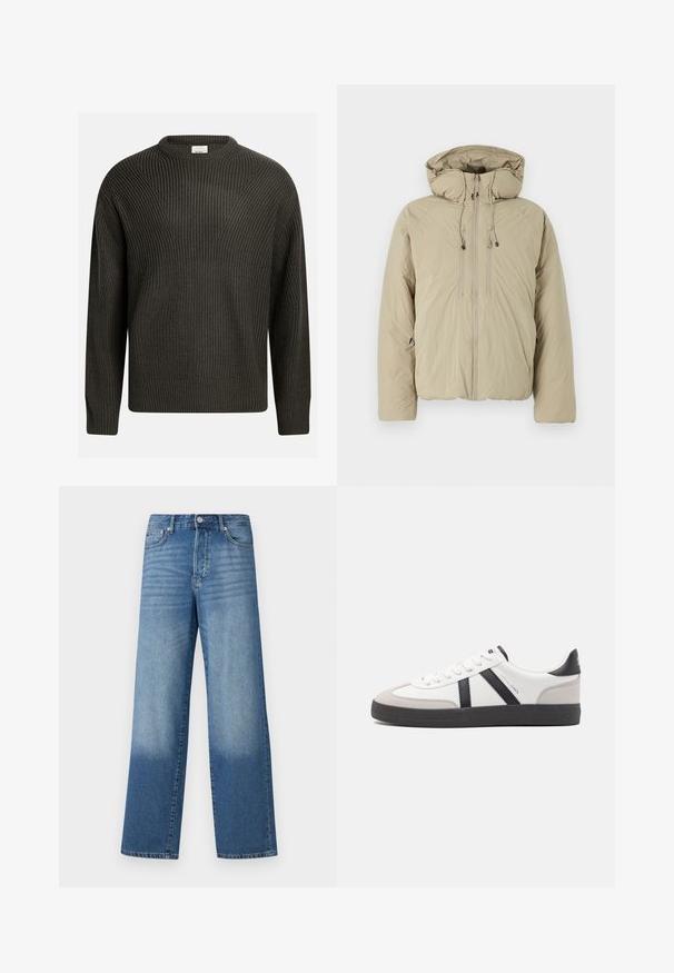 Beige pufferjakke med hætte, udstyret med en frontlynlås, elastiske snore og sidelommer. Konstrueret af letvægts, struktureret stof.; Mørkegrøn, tykk strikket sweater med rund halsudskæring, sænkede skuldre og struktureret mønster hele vejen rundt. Ribbet manchetter og kant.; Blå højtaljede strækte jeans med falmede områder på lårerne og mørkere skygger nær kanten, synlig frontknap og lommer.; Hvide sneakers med sorte og grå detaljer, med en tekstureret grå tåhætte, sort gummisål og flade hvide snørebånd. Rent design, minimalistisk stil.
