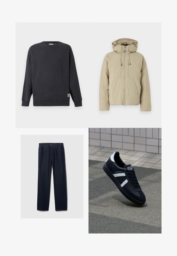 Beige pufferjakke med hætte, udstyret med en frontlynlås, elastiske snore og sidelommer. Konstrueret af letvægts, struktureret stof.; Mørkegrå crewneck sweatshirt med ribstrikkede manchetter og søm. Har en lille vævet logo-label på nederste venstre side. Lavet i bomuldsstof med en glat tekstur.; Mørkeblå lige ben denim jeans med fem lommer, knaplukning og synlig syning på en ensfarvet lys baggrund.; Sort lædersneaker med hvide striber, tekstureret gummisål og snørrebånd foran. Har et brandet mærke på tungen.