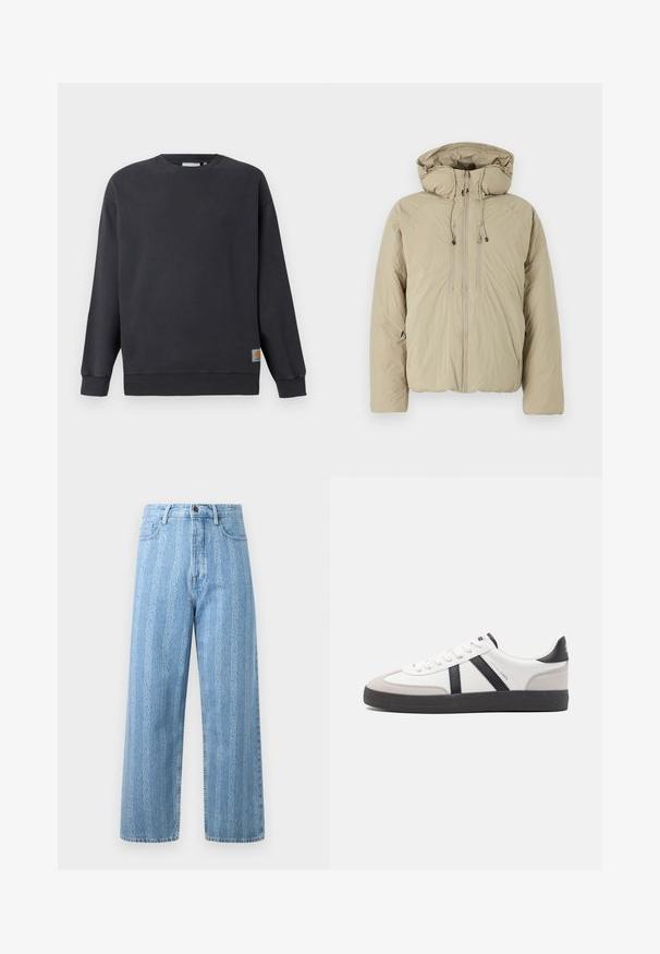 Beige pufferjakke med hætte, udstyret med en frontlynlås, elastiske snore og sidelommer. Konstrueret af letvægts, struktureret stof.; Mørkegrå crewneck sweatshirt med ribstrikkede manchetter og søm. Har en lille vævet logo-label på nederste venstre side. Lavet i bomuldsstof med en glat tekstur.; Lyseblå denim jeans med bred benedesign, prydet med et gentaget kædemønster. Klassisk fem-lomme stil og metalknapdetalje.; Hvide sneakers med sorte og grå detaljer, med en tekstureret grå tåhætte, sort gummisål og flade hvide snørebånd. Rent design, minimalistisk stil.