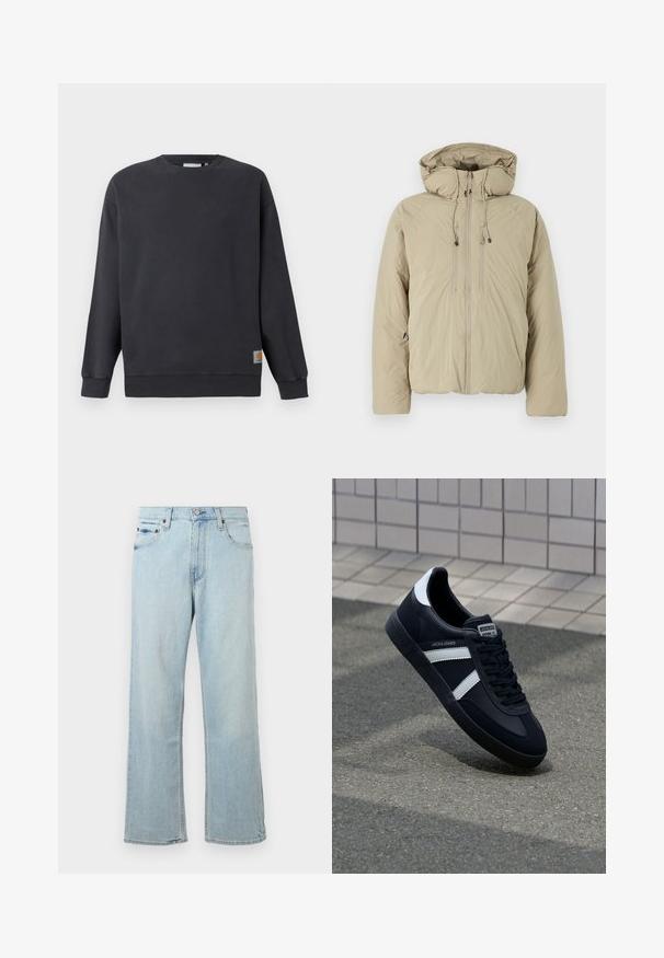 Beige pufferjakke med hætte, udstyret med en frontlynlås, elastiske snore og sidelommer. Konstrueret af letvægts, struktureret stof.; Mørkegrå crewneck sweatshirt med ribstrikkede manchetter og søm. Har en lille vævet logo-label på nederste venstre side. Lavet i bomuldsstof med en glat tekstur.; Lyseblå denimjeans med en løs, bred bendesign. Har fem lommer, bæltestropper og en lynlås med knaplukning.; Sort lædersneaker med hvide striber, tekstureret gummisål og snørrebånd foran. Har et brandet mærke på tungen.