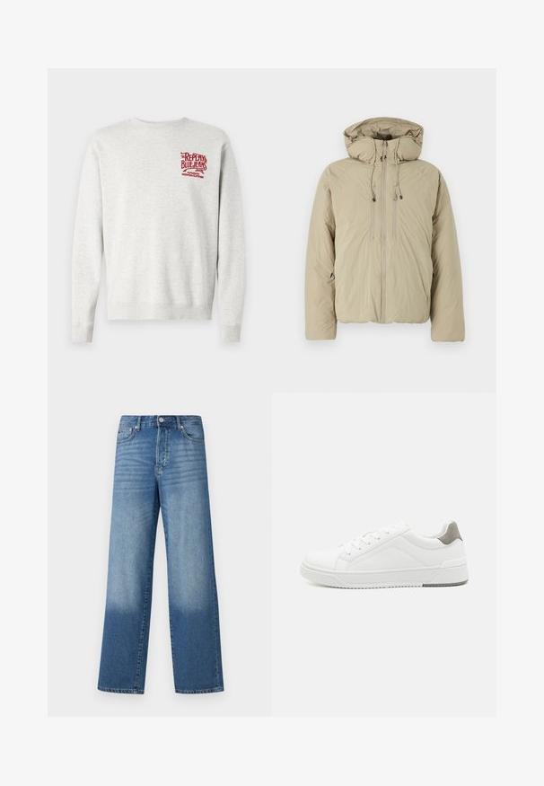 Beige puffer jakk, millel on kapuuts, ees lukuga, elastsete tõmblukkude ja küljetaskutega. Valmistatud kerge tekstuuriga kangast.; Hallhalli halliksest puuvillane sviiter, millel on ribatud mansetid ja äär, ning punane trükitud bränding rinnal. Klassikaline ümmargune kaelus.; Sinine kõrge vöökohaga sirge lõikega teksapüksid, millel on reitel pleekinud piirkonnad ja tumedamad varjud hemides. Nähtavad eesmine nupp ja taskud.; Valge tenniseking sileda nahaga, ümar varvas, minimalistlik disain, hall kand, ja tekstureeritud kummist tald.