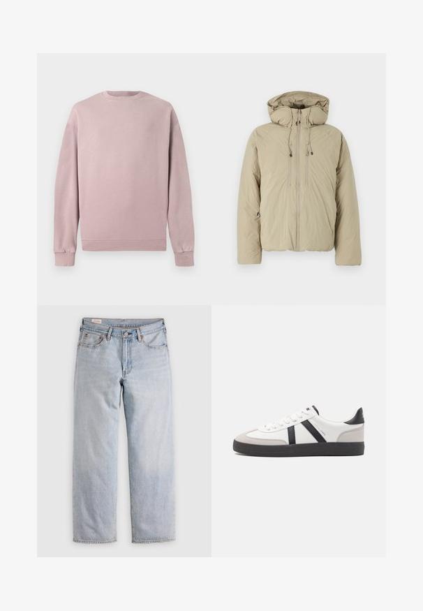 Beige donsjack met een capuchon, voorzien van een voorrits, elastische trekkoorden en zijzakken. Gemaakt van lichtgewicht, gestructureerde stof.; Lichtroze sweatshirt met een klassieke ronde hals, ribgebreide manchetten en zoom. Gemaakt van zachte, gestructureerde stof. Eenvoudig ontwerp zonder patronen.; Lichtblauwe rechte jeans met een hoge taille, knoopsluiting en voor- en achterzakken, gepresenteerd op een vlakke ondergrond.; Witte sneaker met zwarte en grijze accenten, voorzien van een grijze neus met textuur, zwarte rubberen zool en platte witte veters. Schoon ontwerp, minimalistische stijl.