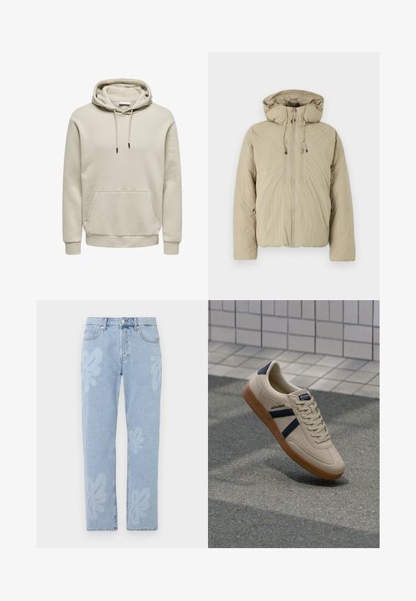 Beige pufferjakke med hætte, udstyret med en frontlynlås, elastiske snore og sidelommer. Konstrueret af letvægts, struktureret stof.; Beige hættetrøje med snore, kængurulomme, ribkanter ved ærmer og kant, vist på hvid baggrund.; Lyseblå denimjeans med blomstertryk og lige ben. Standard talje med knaplukning og fem lommer.; Beige sneaker med struktureret overflade, marineblå striber og gummisål. Har en polstret tunge og traditionelt snørresystem for en sikker pasform.