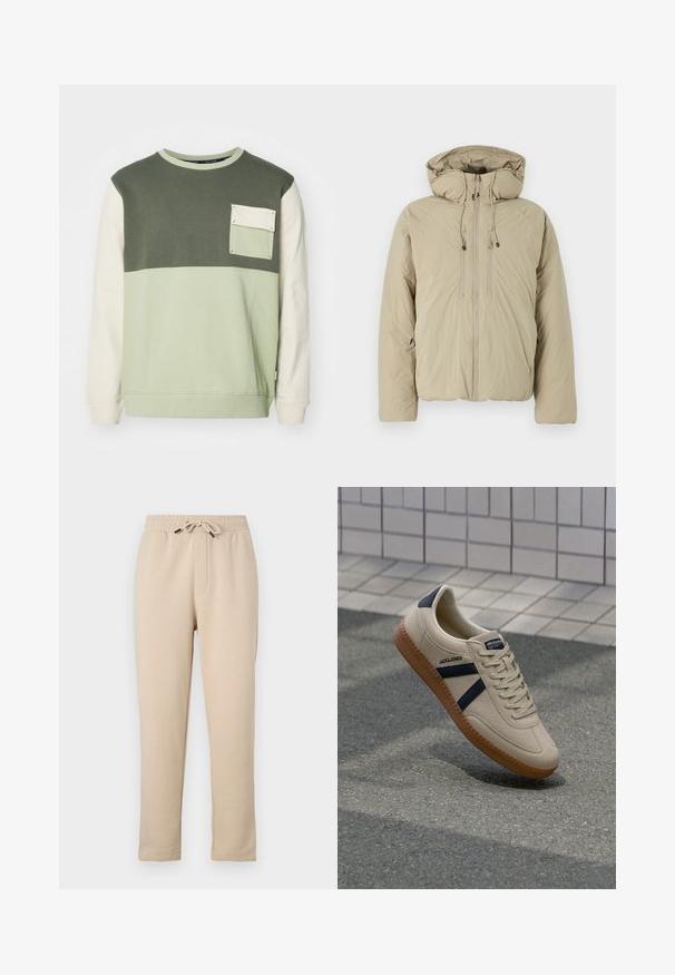 Beige Steppjacke mit Kapuze, ausgestattet mit einem Frontreißverschluss, elastischen Kordeln und Seitentaschen. Hergestellt aus leichtem, strukturiertem Stoff.; Grün- und cremefarbener farblich abgesetzter Sweatshirt mit langen Ärmeln, Rundhalsausschnitt und Brusttasche. Hergestellt aus weichem Baumwollmaterial.; Beige Jogginghose mit elastischem Bund, verstellbarem Kordelzug, zwei Seitentaschen und konischem Bein-Design. Weiche Textur, lässiger Stil.; Beige Sneaker mit strukturierter Oberfläche, dunkelblauen Streifen und Gummisohle. Verfügt über eine gepolsterte Zunge und ein traditionelles Schnürsystem für einen sicheren Sitz.