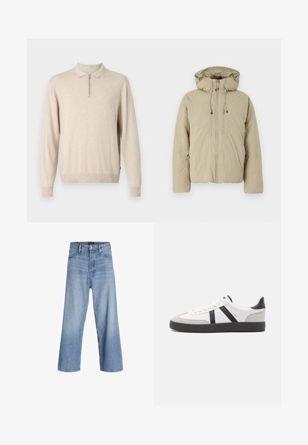 Beige pufferjakke med hætte, udstyret med en frontlynlås, elastiske snore og sidelommer. Konstrueret af letvægts, struktureret stof.; Beige langermet pullover med krave og lynlås. Lavet af blødt materiale med ribbede manchetter og kant.; Lyseblå denim bukser med brede ben og høj talje, med knaplukning, fem lommer og et subtilt slidtegn. Ren kantfinish.; Hvide sneakers med sorte og grå detaljer, med en tekstureret grå tåhætte, sort gummisål og flade hvide snørebånd. Rent design, minimalistisk stil.