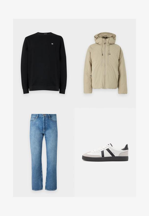 Beige pufferjakke med hætte, udstyret med en frontlynlås, elastiske snore og sidelommer. Konstrueret af letvægts, struktureret stof.; Sort sweatshirt, rund hals, lange ærmer, lavet af blødt stof. Har en lille logo-patch på brystet. Rent design, ingen mønstre.; Lyseblå denim jeans med lige ben, der har et klassisk fem-lomme design, knaplukning og kontrastsying.; Hvide sneakers med sorte og grå detaljer, med en tekstureret grå tåhætte, sort gummisål og flade hvide snørebånd. Rent design, minimalistisk stil.