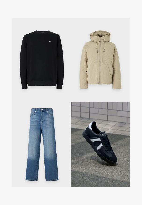 Beige pufferjakke med hætte, udstyret med en frontlynlås, elastiske snore og sidelommer. Konstrueret af letvægts, struktureret stof.; Sort sweatshirt, rund hals, lange ærmer, lavet af blødt stof. Har en lille logo-patch på brystet. Rent design, ingen mønstre.; Blå højtaljede strækte jeans med falmede områder på lårerne og mørkere skygger nær kanten, synlig frontknap og lommer.; Sort lædersneaker med hvide striber, tekstureret gummisål og snørrebånd foran. Har et brandet mærke på tungen.
