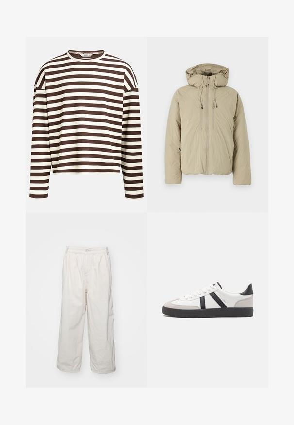 Beige pufferjakke med hætte, udstyret med en frontlynlås, elastiske snore og sidelommer. Konstrueret af letvægts, struktureret stof.; Brun og creme stribet langærmet top med en rund halsudskæring, ribbet tekstur og sænkede skuldersømme, der har en cropped pasform.; Hvide bomulds bukser med brede ben og elastisk talje, med en frontknaplukning og sidelommer. Glat tekstur og minimalistisk design.; Hvide sneakers med sorte og grå detaljer, med en tekstureret grå tåhætte, sort gummisål og flade hvide snørebånd. Rent design, minimalistisk stil.