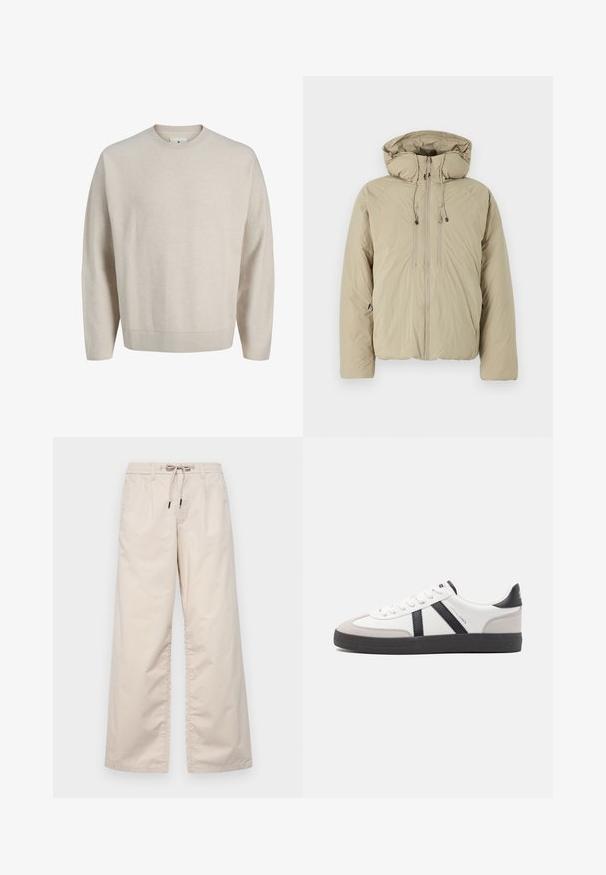 Beige puffer jakk, millel on kapuuts, ees lukuga, elastsete tõmblukkude ja küljetaskutega. Valmistatud kerge tekstuuriga kangast.; Beeži pika varrukaga ümarakaelusega kampsun, millel on soonikkoes krae, mansetid ja kant, esitletud lihtsal valgel taustal.; Heledad nagu beez värvi laiad püksid, millel on elastne vöökoht ja pael. Sile puuvillane kangas koos kahe esiti intrigeeriva voltimisega ja ilma nähtavate taskuteta.; Valged tossud mustade ja hallide aktsentidega, tekstureeritud halli varbakattega, musta kummitald ja lamedad valged paelad. Puhtad jooned, minimalistlik stiil.