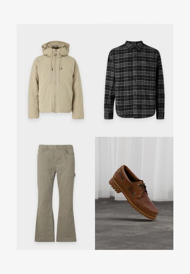 Beige puffer-takki hupulla, jossa on etuvetoketju, joustavat kiristysnyörit ja sivutaskut. Valmistettu kevyestä, teksturoituneesta kankaasta.; Mustat ja harmaat ruudulliset flanellipaidat, joissa on napitettavat etuosat, kaulus ja pitkät hihat; pehmeä rakenne ja pyöristetyt helmat.; Khaki-mustat housut, jotka on valmistettu puuvillasta. Niissä on edessä ja sivuilla taskut, ompeluyksityiskohtia ja sileä pinta.; Ruskeat nahkaiset venekengät mustilla nauhoilla, beigenvärisillä saumoilla ja jykevällä pohjalla, roikkuen harmaan betonilattian yläpuolella.