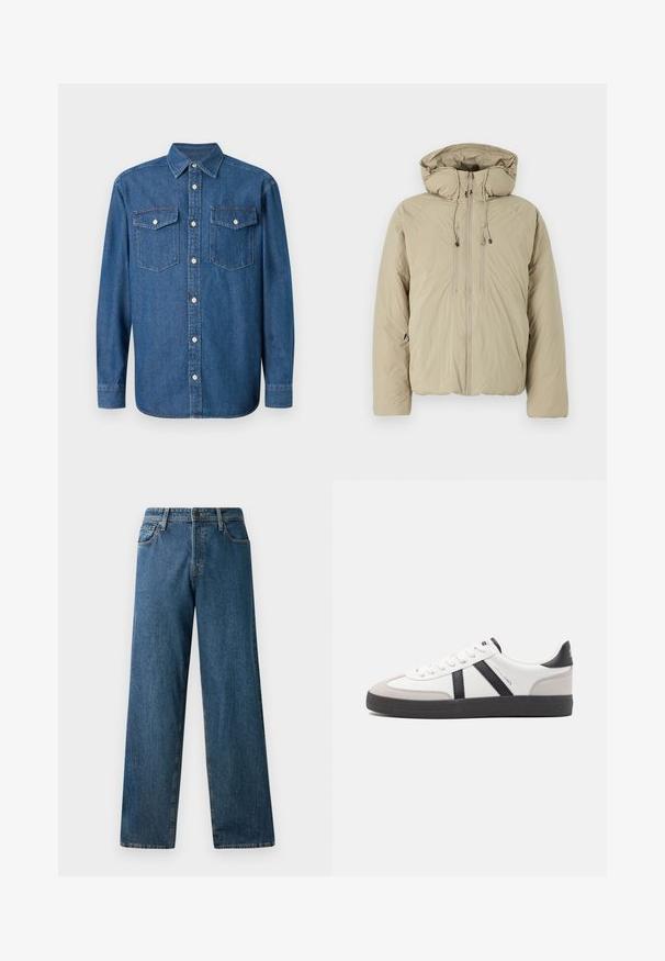 Beige donsjack met een capuchon, voorzien van een voorrits, elastische trekkoorden en zijzakken. Gemaakt van lichtgewicht, gestructureerde stof.; Denim overhemden met knopen in donkerblauw met een puntkraag, twee borstzakken en knoopsluiting. Heeft lange mouwen en een reguliere pasvorm.; Donkerblauwe denim jeans met een ontspannen pasvorm, rechte pijpen, vijf zakken en contrasterende stiksels. Beschikt over een ritssluiting met een knoop aan de voorkant.; Witte sneaker met zwarte en grijze accenten, voorzien van een grijze neus met textuur, zwarte rubberen zool en platte witte veters. Schoon ontwerp, minimalistische stijl.