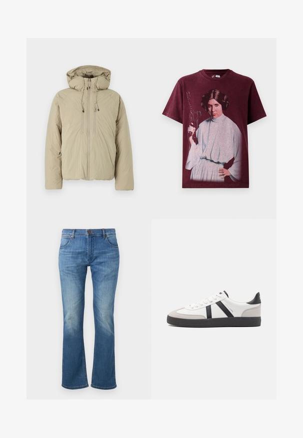 Beige pufferjakke med hætte, udstyret med en frontlynlås, elastiske snore og sidelommer. Konstrueret af letvægts, struktureret stof.; Burgunderfarvet bomulds-t-shirt med et grafisk print af en karakter i en grå kjole, med en blaster i hånden og håret styled i knolde.; Blå denimjeans med en let udvidet ben, frontlukning med knapper og lynlås samt falmning på lår og knæ.; Hvide sneakers med sorte og grå detaljer, med en tekstureret grå tåhætte, sort gummisål og flade hvide snørebånd. Rent design, minimalistisk stil.