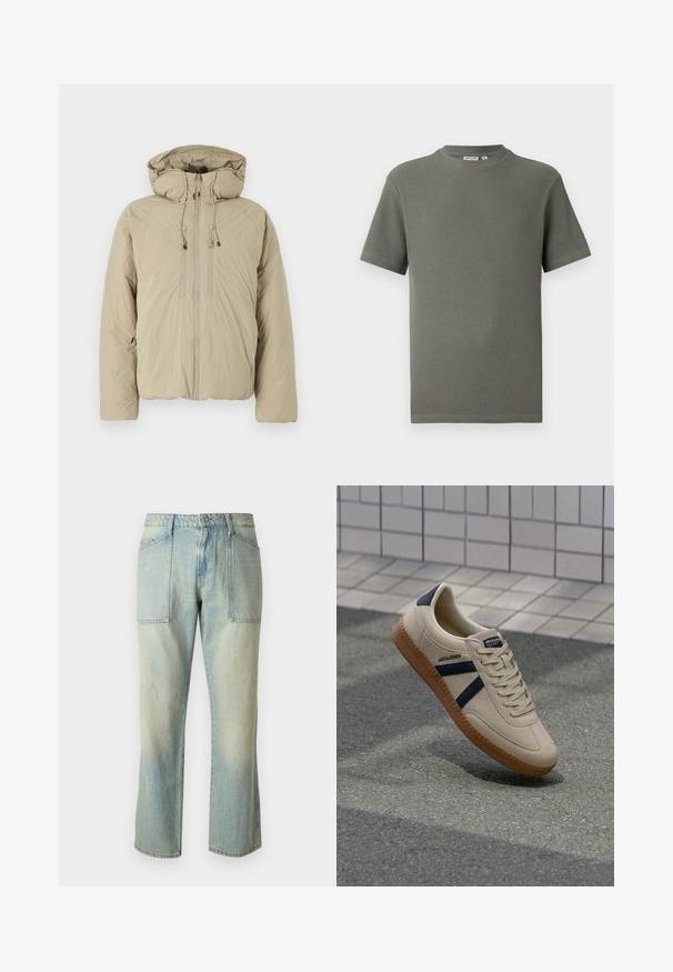 Beige donsjack met een capuchon, voorzien van een voorrits, elastische trekkoorden en zijzakken. Gemaakt van lichtgewicht, gestructureerde stof.; Korte mouw olijfgroene T-shirt van getextureerde gebreide stof met ronde hals en rechte zoom, plat gelegd op een witte achtergrond.; Lichtblauwe denim jeans met een rechte pijp, zichtbare stiksels en twee grote voorkruiden. De stof heeft een vervaagd uiterlijk.; Beige sneaker met een textuurafwerking, marineblauwe strepen en een rubberen zool. Heeft een gevoerde tong en een traditioneel vetersysteem voor een veilige pasvorm.