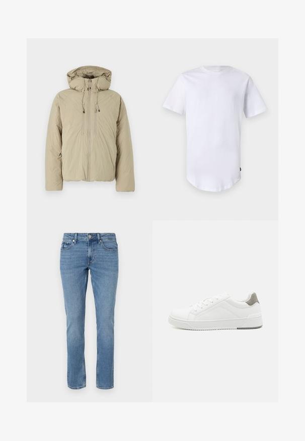 Beige Steppjacke mit Kapuze, ausgestattet mit einem Frontreißverschluss, elastischen Kordeln und Seitentaschen. Hergestellt aus leichtem, strukturiertem Stoff.; Weißes T-Shirt mit kurzen Ärmeln aus Baumwolle. Rundhalsausschnitt mit abgerundetem Saum. Etikett auf der unteren linken Seite sichtbar. Glatte Textur.; Blaue gerade geschnittene Denim-Jeans mit Fronttaschen, Gürtelschlaufen und Knopfverschluss.; Weißer Sneaker aus glattem Leder, runde Zehenpartie, minimalistisches Design, graue Fersenkante und strukturierte Gummisohle.