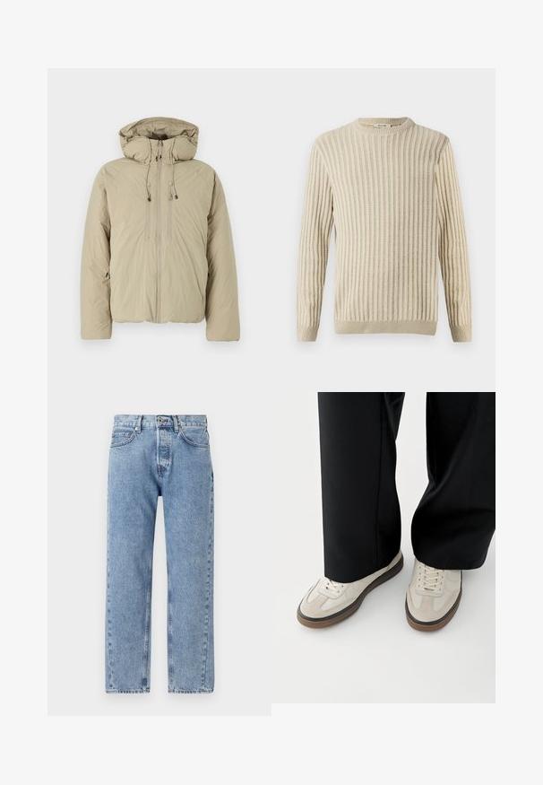 Beige Steppjacke mit Kapuze, ausgestattet mit einem Frontreißverschluss, elastischen Kordeln und Seitentaschen. Hergestellt aus leichtem, strukturiertem Stoff.; Only & Sons ONSBRANT CREW KNIT - T-Shirt print - beige; Hellblaue Jeans aus Denim mit lockerer Passform, geradem Bein, fünf Taschen und sichtbaren Nähten an den Säumen.; Füße mit beigen Sneakers mit braunen Sohlen und schwarzen Hosen mit weitem Bein auf weißem Hintergrund.