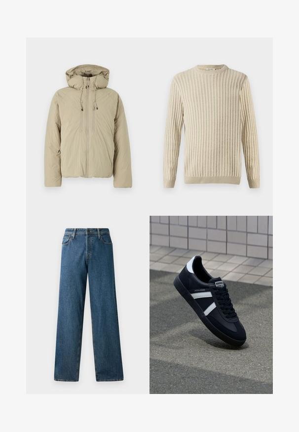 Beige puffer-takki hupulla, jossa on etuvetoketju, joustavat kiristysnyörit ja sivutaskut. Valmistettu kevyestä, teksturoituneesta kankaasta.; Only & Sons ONSBRANT CREW KNIT - Printtipaita - beige; Tummansinisiä farkkuja, joissa on rento istuvuus, suorat lahkeet, viisi taskua ja kontrastiväriset tikkaus. Edessä on nappi ja vetoketju.; Mustat nahkakengät valkoisilla raidoilla, teksturoitu kumipohja ja nauha edessä. Varustettu merkkitarralla kielen päällä.