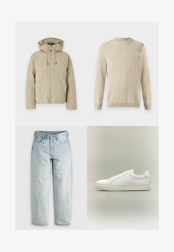 Beige donsjack met een capuchon, voorzien van een voorrits, elastische trekkoorden en zijzakken. Gemaakt van lichtgewicht, gestructureerde stof.; Only & Sons ONSBRANT CREW KNIT - T-shirt print - beige; Lichtblauwe denim jeans met een rechtBeen, vijf zakken en een knoopsluiting; heeft vervaagde gebieden en subtiele stikdetails.; Witte lage sneaker met veters aan de voorkant en dikke zool, zijaanzicht tegen een neutrale achtergrond.