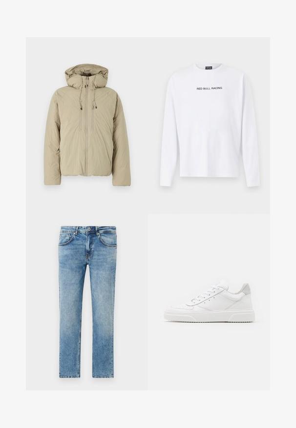 Beige puffer jakk, millel on kapuuts, ees lukuga, elastsete tõmblukkude ja küljetaskutega. Valmistatud kerge tekstuuriga kangast.; Valge pika varrukaga T-särk, mis on valmistatud puuvillast, mille rinna peal on musta värvi trükk "RED BULL RACING". Ümar kaelus ja paras mugav lõige.; Heledad sinised teksad, mis on valmistatud denimist, sirge jala disainiga, viie taskuga, peente õmbluse detailide ja pleekinud viimistlusega.; Valged nahast spordijalatsid siledast nahast viimistlusega, ümarate varvastega, lamekestega ja tekstuuriga tallaga. Hall suede aktsent kanna juures.