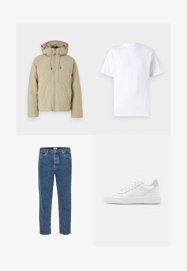 Doudoune beige avec capuche, dotée d'une fermeture éclair à l'avant, de cordons de serrage élastiques et de poches latérales. Construite en tissu léger et texturé.; T-shirt blanc à manches courtes en coton avec un col rond, présentant une texture lisse et un design simple, sans motifs ni accents.; Jeans en denim bleu à coupe droite. Présente cinq poches, une fermeture à bouton et des coutures contrastées. Le tissu a une texture classique.; Des baskets en cuir blanc avec une finition lisse, un bout rond, des lacets plats et une semelle texturée. Accents en daim gris au niveau du talon.