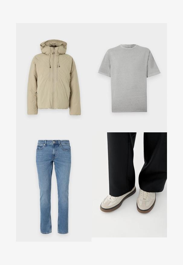 Beige donsjack met een capuchon, voorzien van een voorrits, elastische trekkoorden en zijzakken. Gemaakt van lichtgewicht, gestructureerde stof.; Effen lichtgrijs T-shirt met korte mouwen en ronde hals, rechte zoom, weergegeven tegen een witte achtergrond.; Blauwe rechte spijkerbroek met voorzakken, riemlussen en een knopen sluiting.; Voeten met beige sneakers met bruine zolen en zwarte wijde broekspijpen op een witte achtergrond.