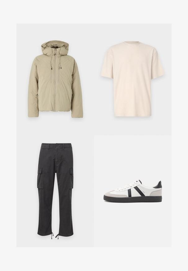 Beige Steppjacke mit Kapuze, ausgestattet mit einem Frontreißverschluss, elastischen Kordeln und Seitentaschen. Hergestellt aus leichtem, strukturiertem Stoff.; Only & Sons ONSFRED RELAXED PLIZZE TEE - T-Shirt basic - moonstruck; Schwarze Cargo-Hosen mit zwei Seitentaschen, verstellbaren Kordelzugbündchen, einem Knopfverschluss und einer glatten, strapazierfähigen Stoffoberfläche.; Weiße Sneaker mit schwarz- und grau-aczenten, ausgestattet mit einer strukturierten grauen Zehenkappe, schwarzer Gummi-Sohle und flachen weißen Schnürsenkeln. Sauberes Design, minimalistische Stil.