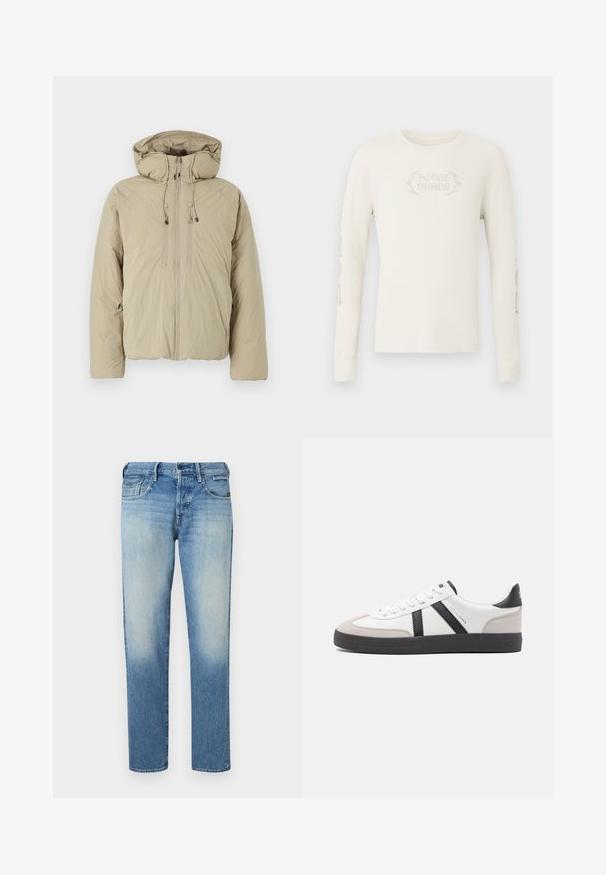 Beige puffer jakk, millel on kapuuts, ees lukuga, elastsete tõmblukkude ja küljetaskutega. Valmistatud kerge tekstuuriga kangast.; Kreemikas pikakäisega soonikust T-särk, mille esiküljel on tikitud "DODGE DEMON" ja paremal varrukal trükitud graafika. Pehme tekstuur.; Heledad sinine denimist teksapüksid, millel on tuhm viimistlus, sirged jalad, viis taskut ja nööbiga kinnitamine. Õmblemise detailid ja brändi silt tagaküljel.; Valged tossud mustade ja hallide aktsentidega, tekstureeritud halli varbakattega, musta kummitald ja lamedad valged paelad. Puhtad jooned, minimalistlik stiil.