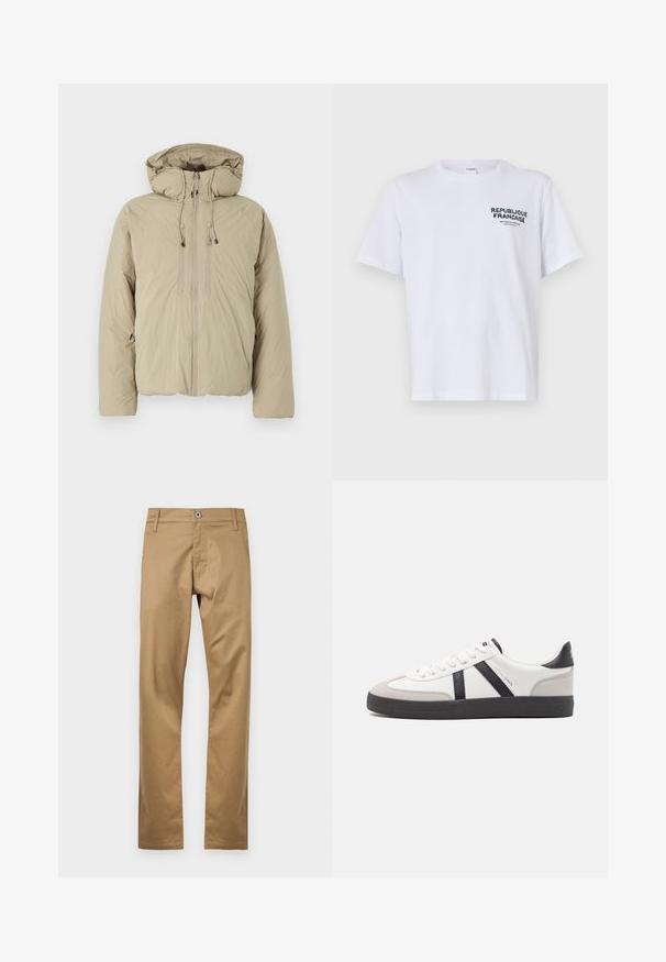 Chaqueta acolchada beige con capucha, que presenta un cierre frontal de cremallera, cordones elásticos y bolsillos laterales. Fabricada con un tejido ligero y texturizado.; Camiseta de algodón blanca con mangas cortas y cuello redondo. La impresión en el lado izquierdo del pecho dice "REPUBLIQUE FRANCAISE" en texto verde oscuro.; Pantalones de algodón color caqui con un diseño de pierna recta, que cuentan con un cierre de botón frontal, cinturas con pasadores y bolsillos laterales. Textura suave.; Zapatilla blanca con acentos en negro y gris, que presenta una puntera texturizada en gris, suela de goma negra y cordones planos blancos. Diseño limpio, estilo minimalista.