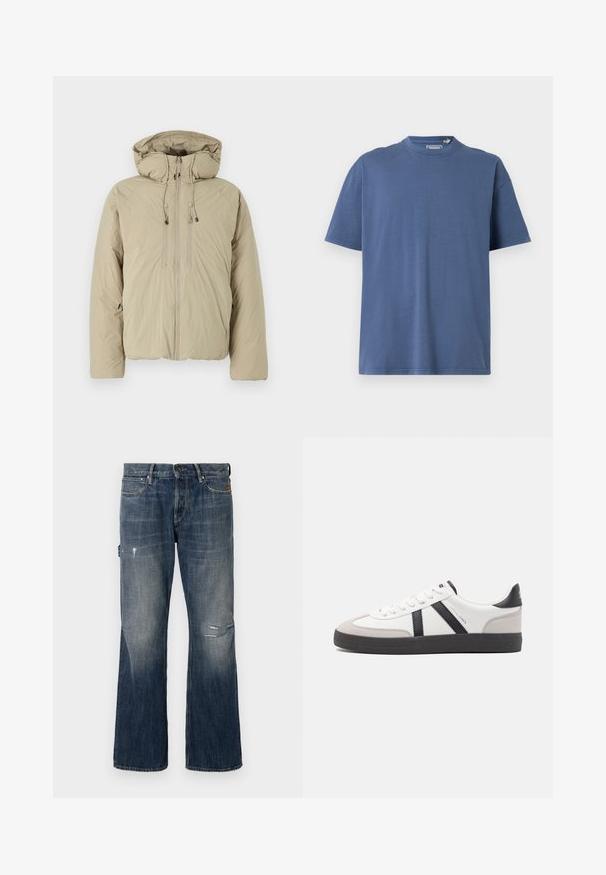 Beige puffer jakk, millel on kapuuts, ees lukuga, elastsete tõmblukkude ja küljetaskutega. Valmistatud kerge tekstuuriga kangast.; Sinine lühikeste varrukatega T-särk, mis on valmistatud pehmest puuvillast, omades ümarat kaelust ja mugavat lõiget, minimaalsete õmblemise detailidega.; Tumedates teksades, millel on pleekinud pesu ja laiem lõige. Selles on kahjustuste detailid, sealhulgas rebenemine, ning standardne viie tasku disain.; Valged tossud mustade ja hallide aktsentidega, tekstureeritud halli varbakattega, musta kummitald ja lamedad valged paelad. Puhtad jooned, minimalistlik stiil.