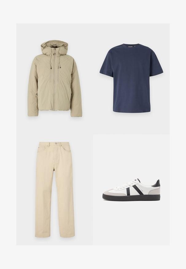 Beige puffer jakk, millel on kapuuts, ees lukuga, elastsete tõmblukkude ja küljetaskutega. Valmistatud kerge tekstuuriga kangast.; Tume sinine puuvillane t-särk ümmarguse kaelusega ja lühikeste varrukatega. Sile tekstuur, sirge lõige ja minimaalsed õmblused, mis pakuvad klassikalist disaini.; Beezist puuvillased sirged teksad nööbiga, viie taskuga ja diskreetse tikandiga. Sile tekstuur ja minimaalne detail.; Valged tossud mustade ja hallide aktsentidega, tekstureeritud halli varbakattega, musta kummitald ja lamedad valged paelad. Puhtad jooned, minimalistlik stiil.