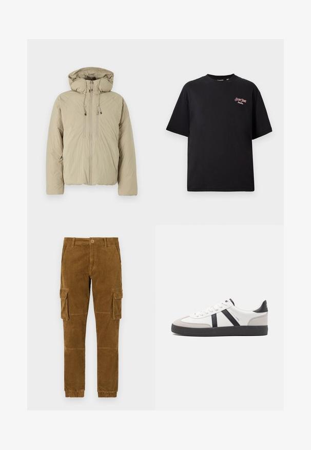 Doudoune beige avec capuche, dotée d'une fermeture éclair à l'avant, de cordons de serrage élastiques et de poches latérales. Construite en tissu léger et texturé.; T-shirt en coton noir à coupe décontractée, à manches courtes, avec un logo rouge brodé sur la partie gauche de la poitrine. Texture lisse, design col rond.; Pantalons cargo en velours côtelé marron avec une coupe ajustée, dotés de poches latérales, d'une fermeture à bouton et de poignets élastiques aux chevilles.; Baskets blanches avec des accents noirs et gris, présentant un embout texturé gris, une semelle en caoutchouc noir et des lacets plats blancs. Design épuré, style minimaliste.