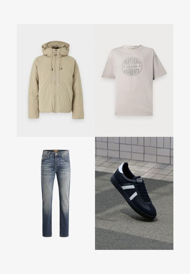 Beige pufferjakke med hætte, udstyret med en frontlynlås, elastiske snore og sidelommer. Konstrueret af letvægts, struktureret stof.; Grå t-shirt med korte ærmer lavet af bomuld og rund halsudskæring. Har et cirkulært grafisk design, der viser teksten "Superior Quality Garments."; Slim-fit jeans lavet af denimstof, med en mellemblå vask, fem lommer og syede detaljer på sømmene.; Sort lædersneaker med hvide striber, tekstureret gummisål og snørrebånd foran. Har et brandet mærke på tungen.