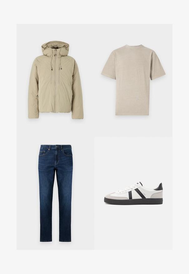 Beige pufferjakke med hætte, udstyret med en frontlynlås, elastiske snore og sidelommer. Konstrueret af letvægts, struktureret stof.; Kortærmet T-shirt i lys beige med rund hals, lavet af blødt stof, med en glat tekstur og et enkelt design uden grafik.; Mørkeblå denim jeans med lige ben design, der har fem lommer, syede detaljer og en klassisk knaplukning.; Hvide sneakers med sorte og grå detaljer, med en tekstureret grå tåhætte, sort gummisål og flade hvide snørebånd. Rent design, minimalistisk stil.