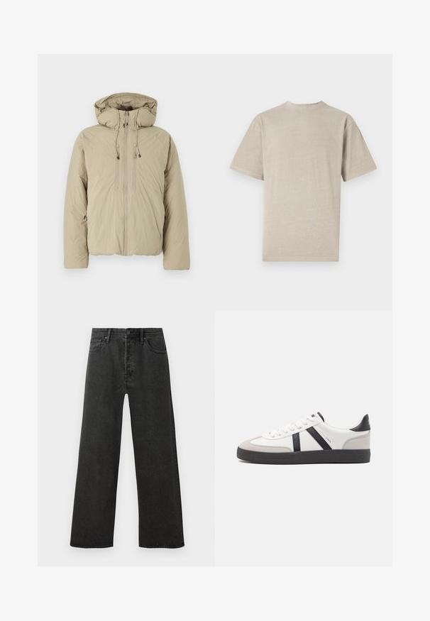 Beige pufferjakke med hætte, udstyret med en frontlynlås, elastiske snore og sidelommer. Konstrueret af letvægts, struktureret stof.; Kortærmet T-shirt i lys beige med rund hals, lavet af blødt stof, med en glat tekstur og et enkelt design uden grafik.; Sorte højtaljede lige ben jeans i denim med frontknap, lynlås og fem lomme-design på en hvid baggrund.; Hvide sneakers med sorte og grå detaljer, med en tekstureret grå tåhætte, sort gummisål og flade hvide snørebånd. Rent design, minimalistisk stil.