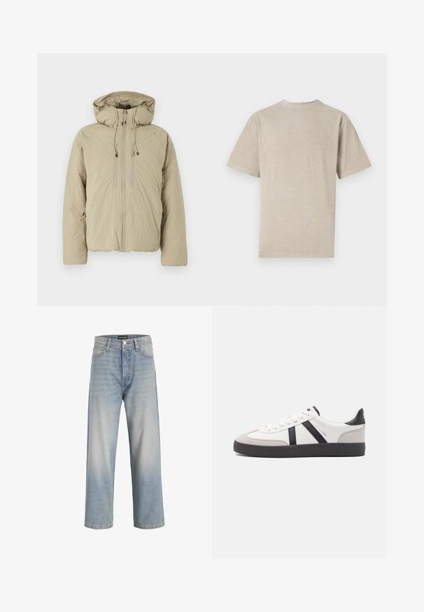 Beige pufferjakke med hætte, udstyret med en frontlynlås, elastiske snore og sidelommer. Konstrueret af letvægts, struktureret stof.; Kortærmet T-shirt i lys beige med rund hals, lavet af blødt stof, med en glat tekstur og et enkelt design uden grafik.; Lys blå denimjeans med lige ben design, falmet udseende, fem lommer og en knappelukning i taljen.; Hvide sneakers med sorte og grå detaljer, med en tekstureret grå tåhætte, sort gummisål og flade hvide snørebånd. Rent design, minimalistisk stil.