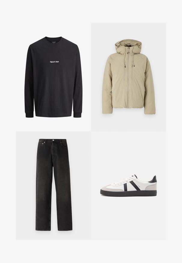 Beige pufferjakke med hætte, udstyret med en frontlynlås, elastiske snore og sidelommer. Konstrueret af letvægts, struktureret stof.; Langærmet sort T-shirt med "Originals Studio" broderet i hvidt på brystet; minimalistisk design mod en ensfarvet baggrund.; Sorte denim jeans med lige ben, der har en fem-lomme stil, messingknap og subtile teksturvariationer på stoffet.; Hvide sneakers med sorte og grå detaljer, med en tekstureret grå tåhætte, sort gummisål og flade hvide snørebånd. Rent design, minimalistisk stil.